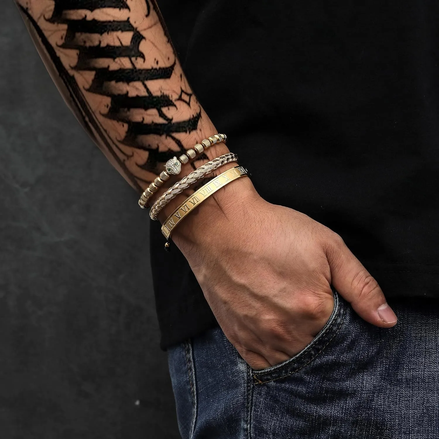 Adjustable turn itself lake bait Cuff Bracelet Mens Luxury Jewelry Gifts WFYOU 3PCS Stainless Steel Imperial Crown Bracelets for Men Gold Roman Numeral Bangle Bracelet 