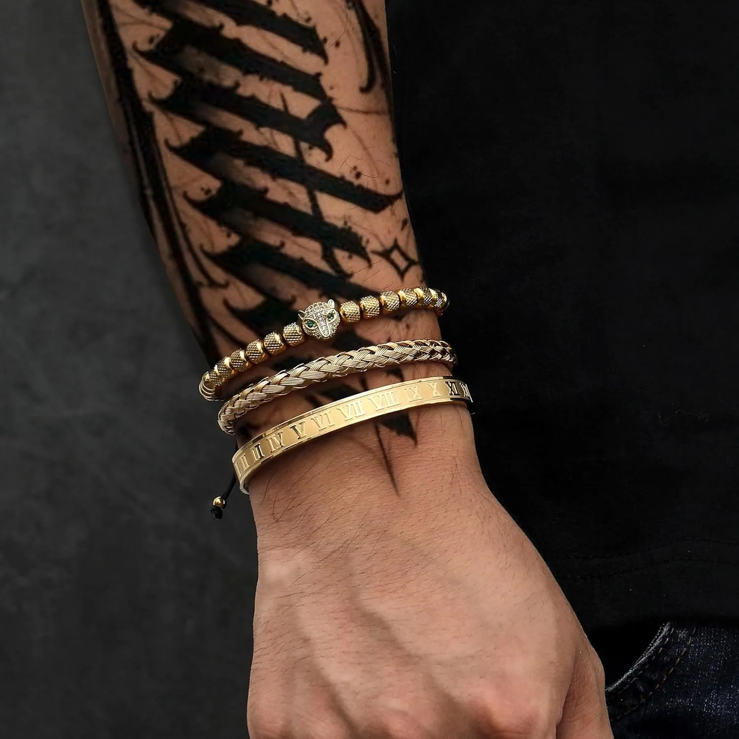 Adjustable turn itself lake bait Cuff Bracelet Mens Luxury Jewelry Gifts WFYOU 3PCS Stainless Steel Imperial Crown Bracelets for Men Gold Roman Numeral Bangle Bracelet 