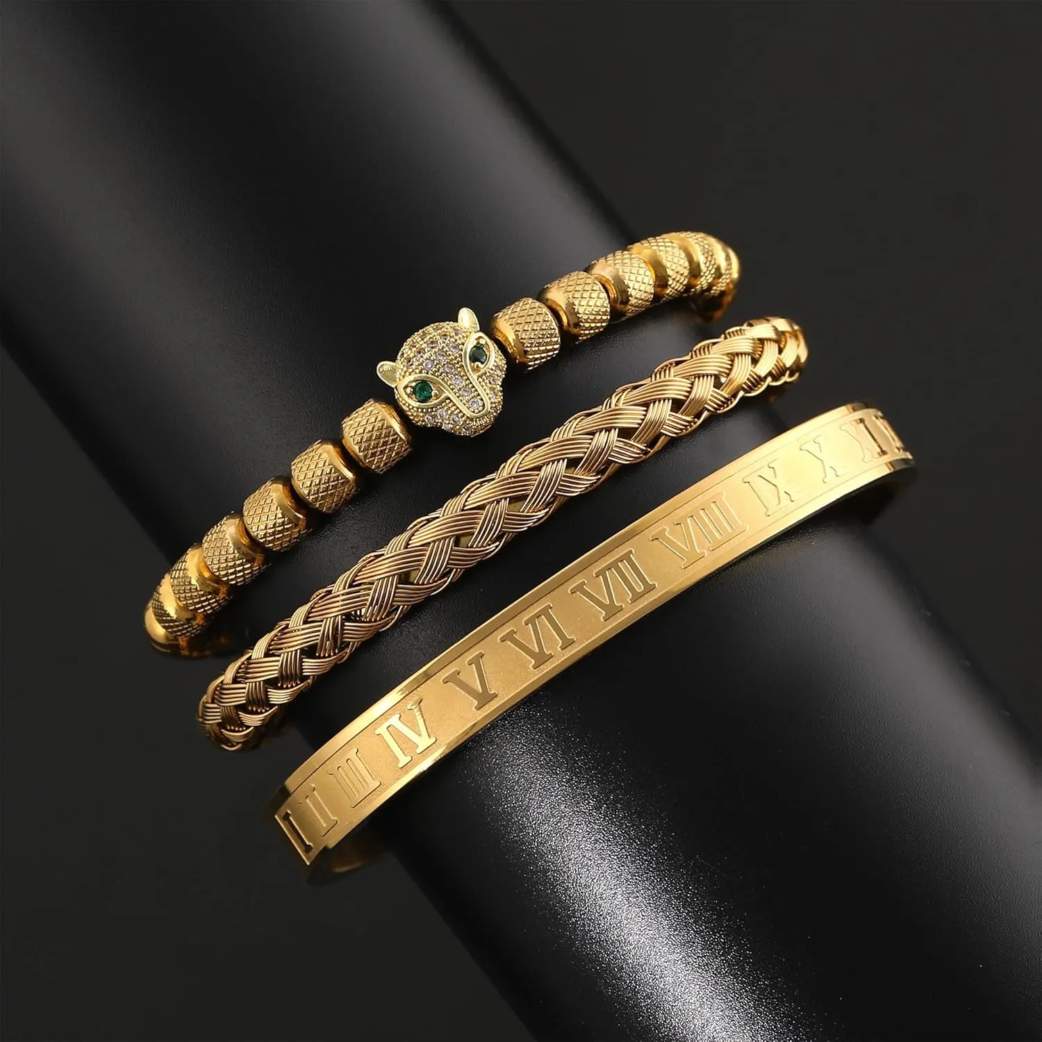 Adjustable turn itself lake bait Cuff Bracelet Mens Luxury Jewelry Gifts WFYOU 3PCS Stainless Steel Imperial Crown Bracelets for Men Gold Roman Numeral Bangle Bracelet 