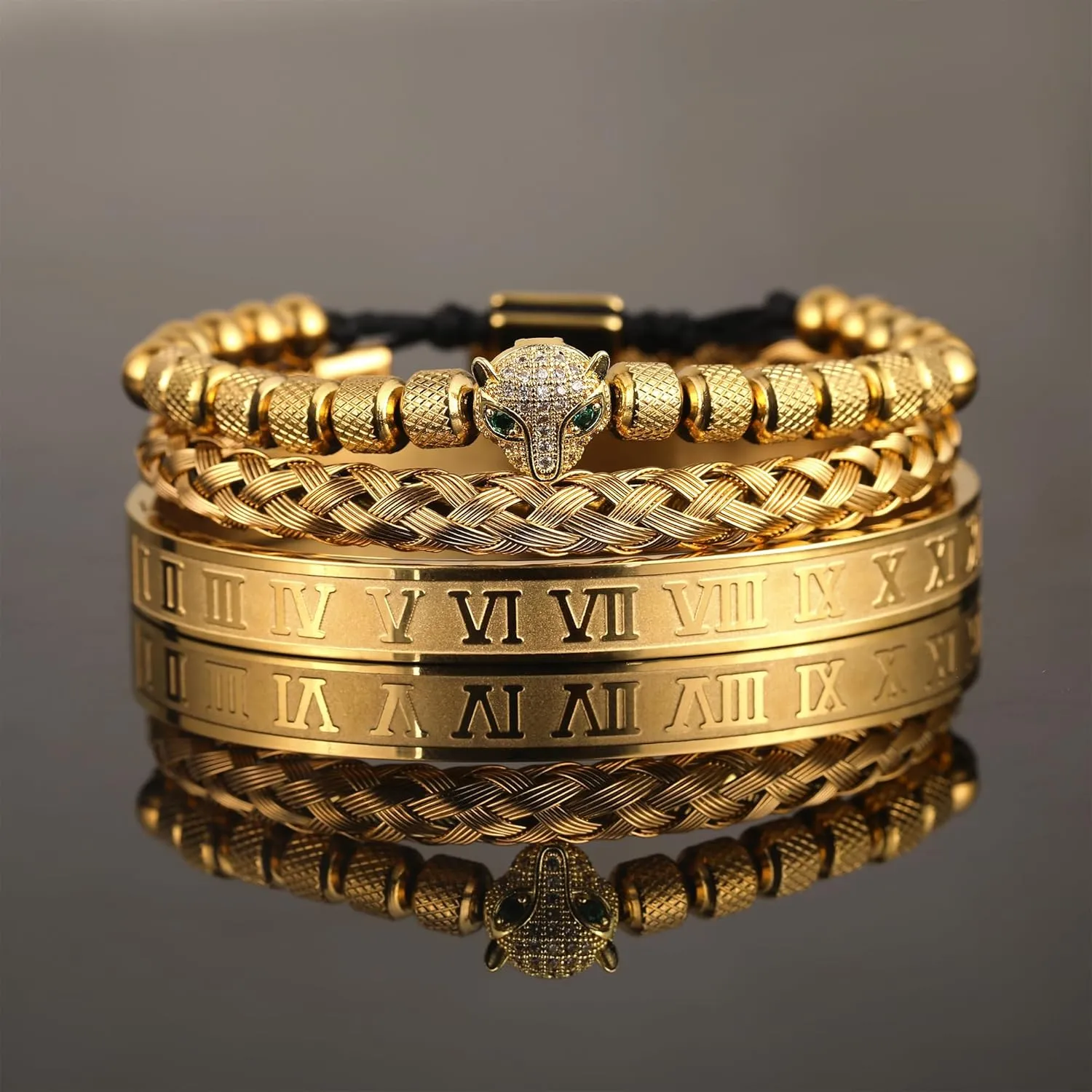 Adjustable turn itself lake bait Cuff Bracelet Mens Luxury Jewelry Gifts WFYOU 3PCS Stainless Steel Imperial Crown Bracelets for Men Gold Roman Numeral Bangle Bracelet 