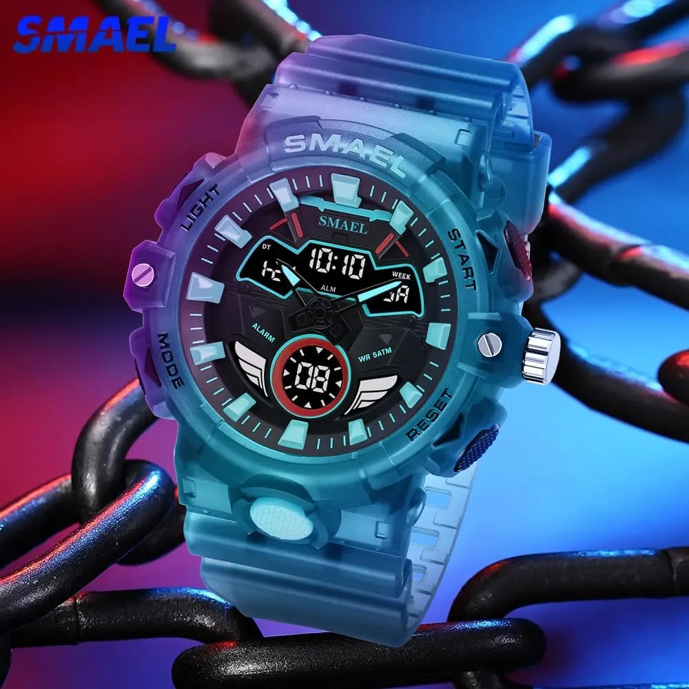 Alarm Waterproof Casual Electronic Dual Time Wristwatch Fashion Transparent Afghanistan phoenix resort crucible monotony movable Band Blue Shell Sport Quartz Watches Digital with Stopwatch 