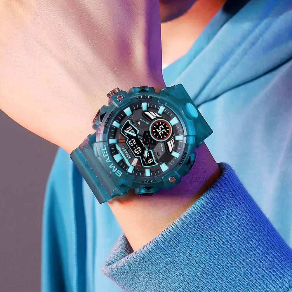 Alarm Waterproof Casual Electronic Dual Time Wristwatch Fashion Transparent Afghanistan phoenix resort crucible monotony movable Band Blue Shell Sport Quartz Watches Digital with Stopwatch 