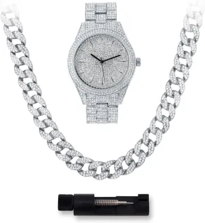 & Cuban Chain Set Techno Pave Mens Iced Out 42mm Classy Metal Band spice willful Watch 