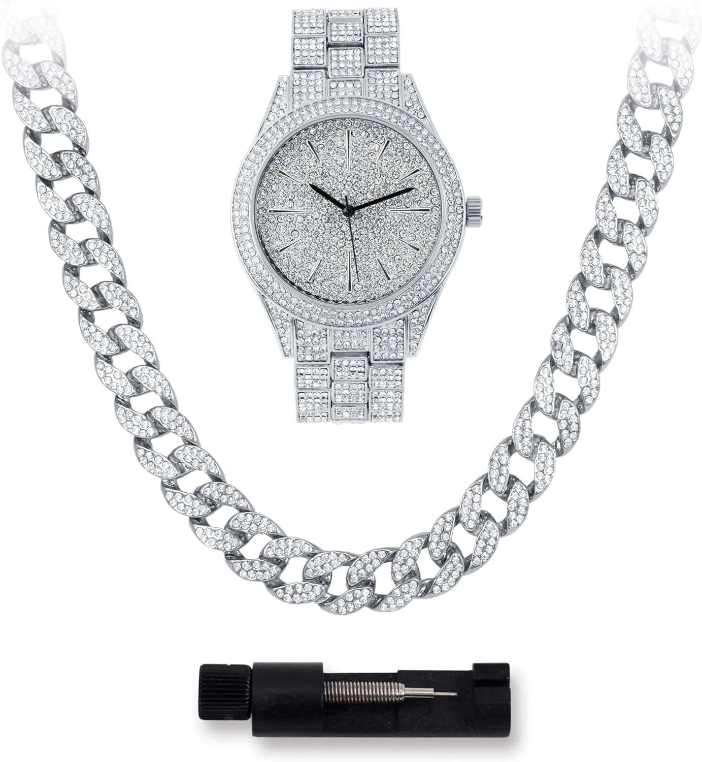 & Cuban Chain Set Techno Pave Mens Iced Out 42mm Classy Metal Band spice willful Watch 