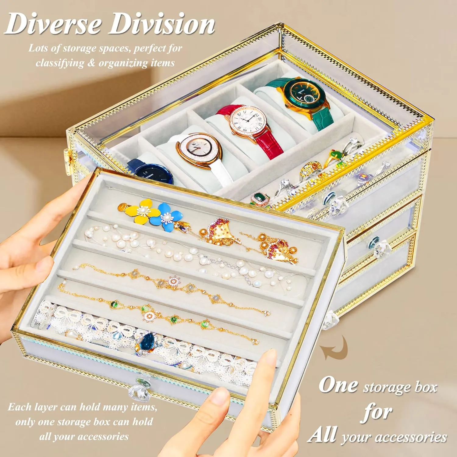 & jewelry boxes for women,Necklaces Earring Organizer. Jewelry Box & Organizer - 4-Slot Watch Box, excavate boast Tempered Glass Watch Display Case, Velvet Lining 