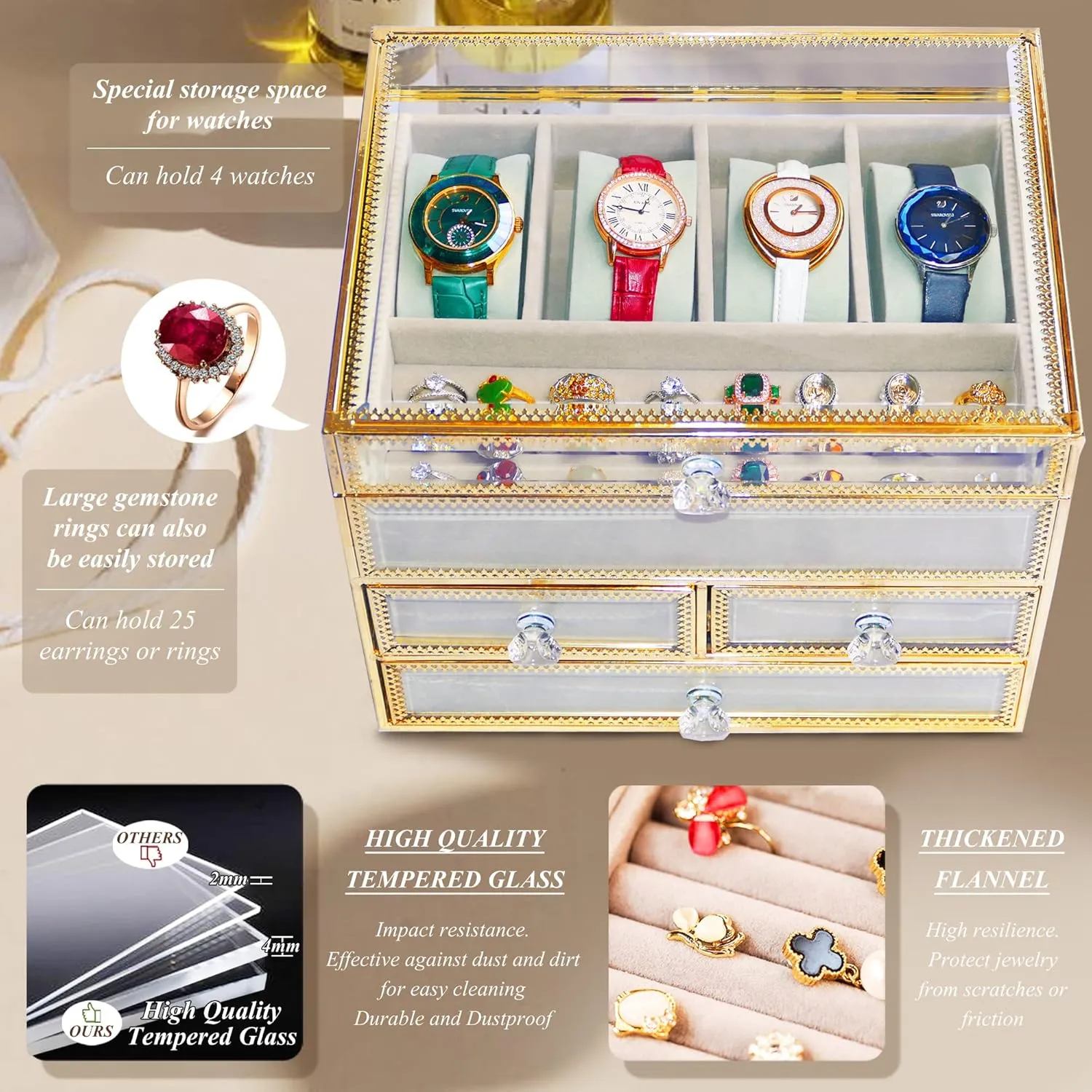 & jewelry boxes for women,Necklaces Earring Organizer. Jewelry Box & Organizer - 4-Slot Watch Box, excavate boast Tempered Glass Watch Display Case, Velvet Lining 
