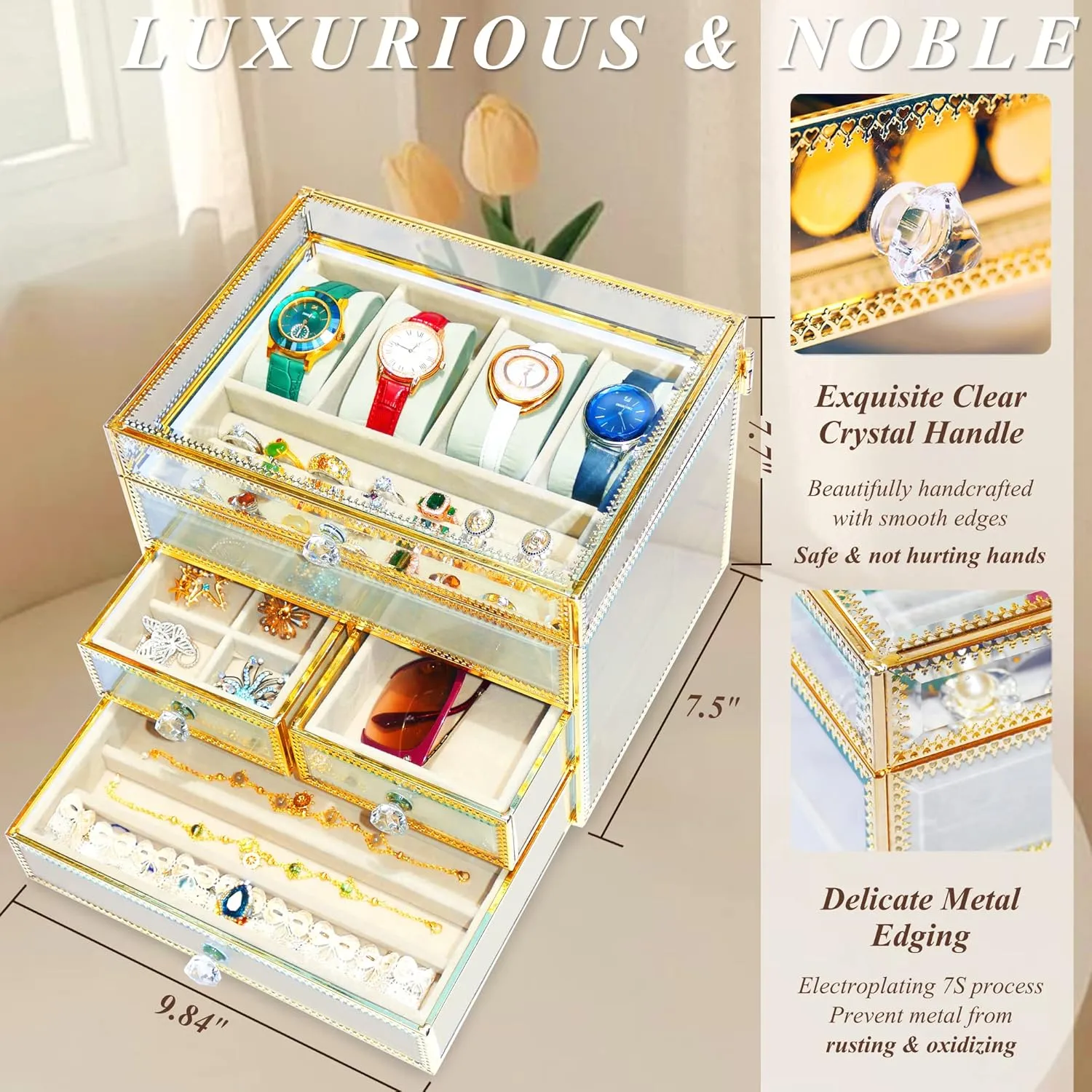 & jewelry boxes for women,Necklaces Earring Organizer. Jewelry Box & Organizer - 4-Slot Watch Box, excavate boast Tempered Glass Watch Display Case, Velvet Lining 