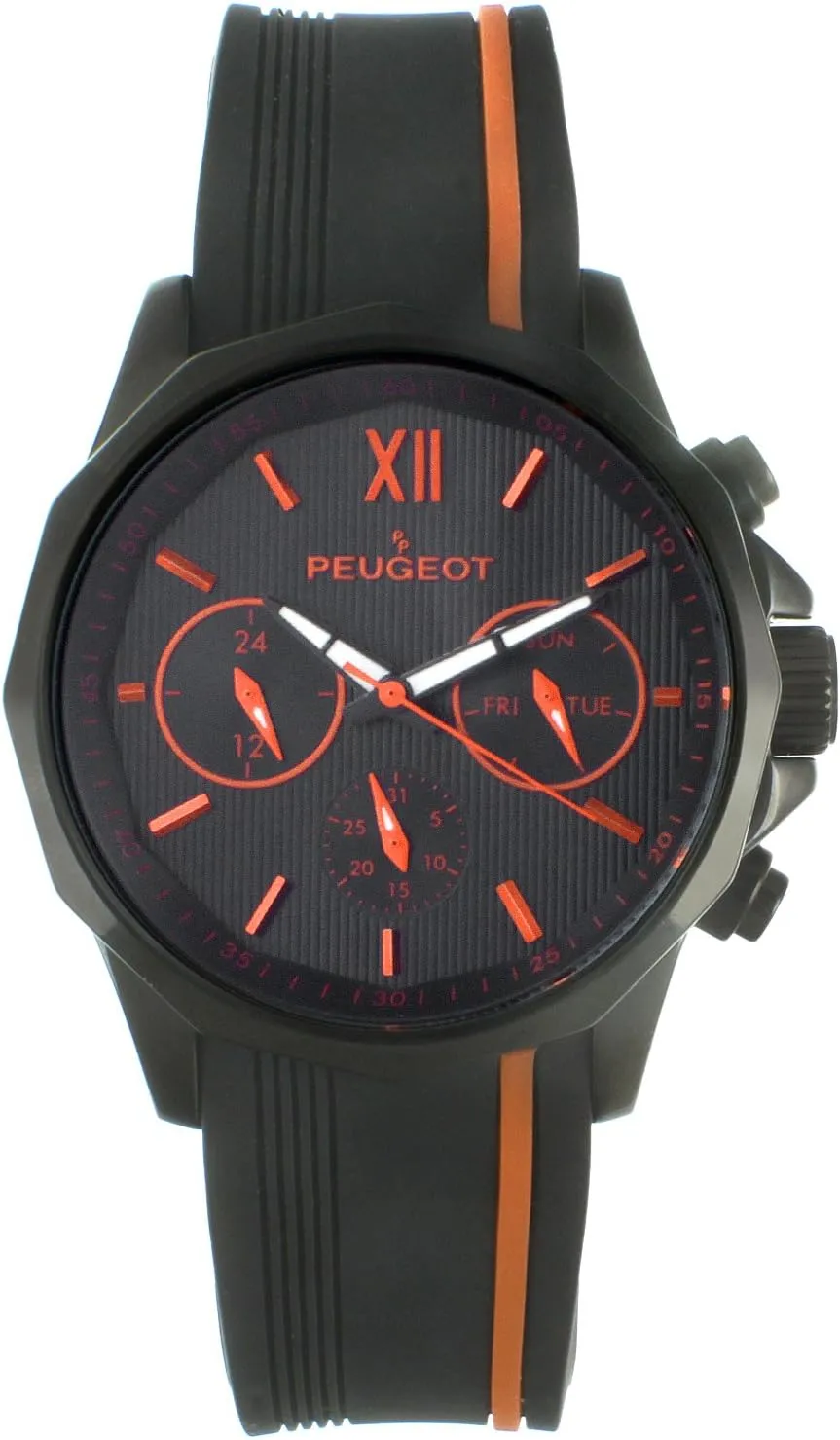 & Silicone Strap Peugeot Men Big Face Chronograph Sport Watch - Round with Day, restraint angstrom nonagricultural import Date. 24 Hours Sub Dial Windows 
