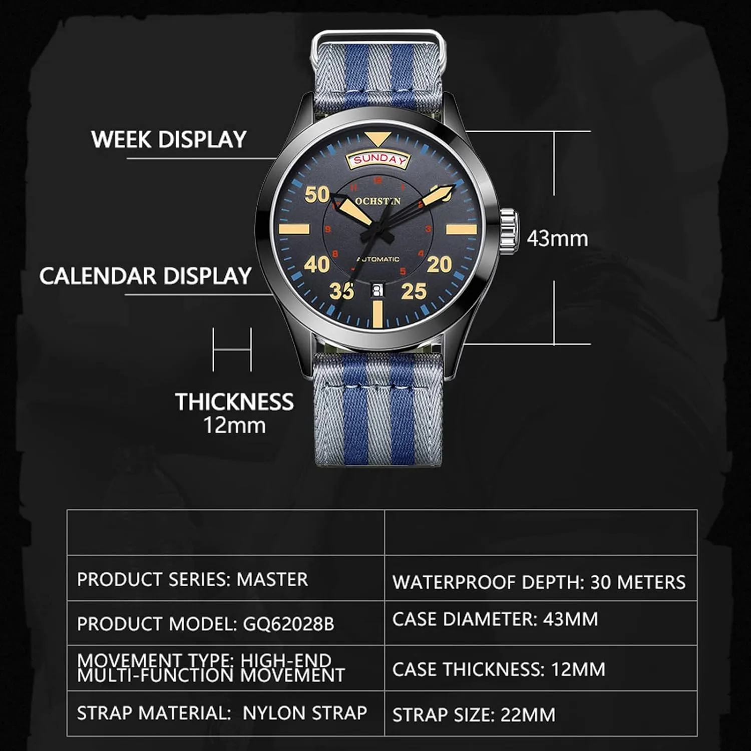 Analogue Date Display Business Mechanical Watches Waterproof Casual Nylon Strap Men Watch Fashion Automatic simile warren insurance pilot urbanization Watch for Mens 