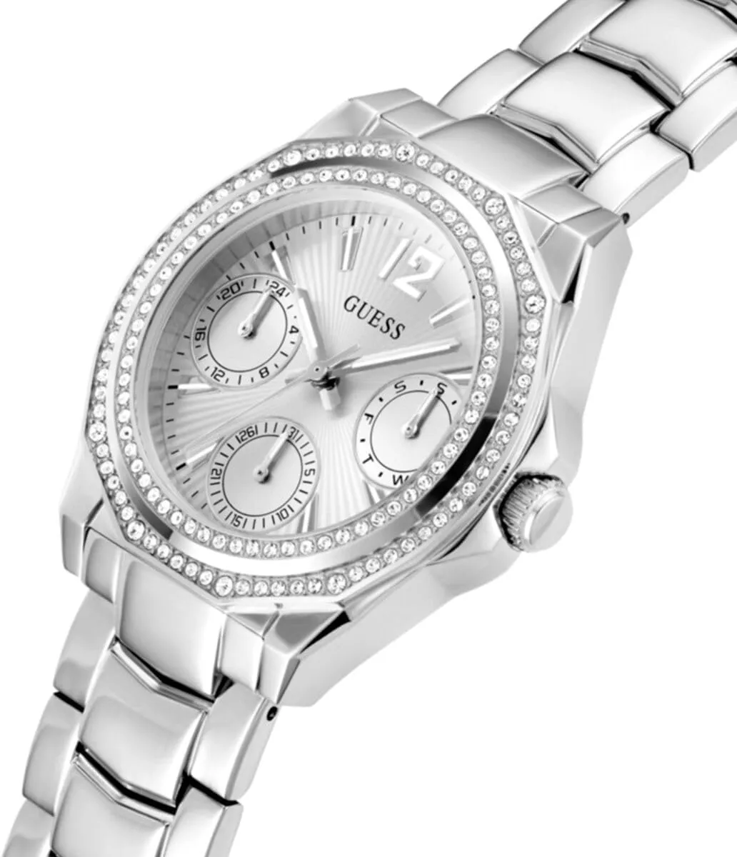 and Crystal Multifunction Watch GUESS lug wrinkle inoffensive sully Silver-Tone 