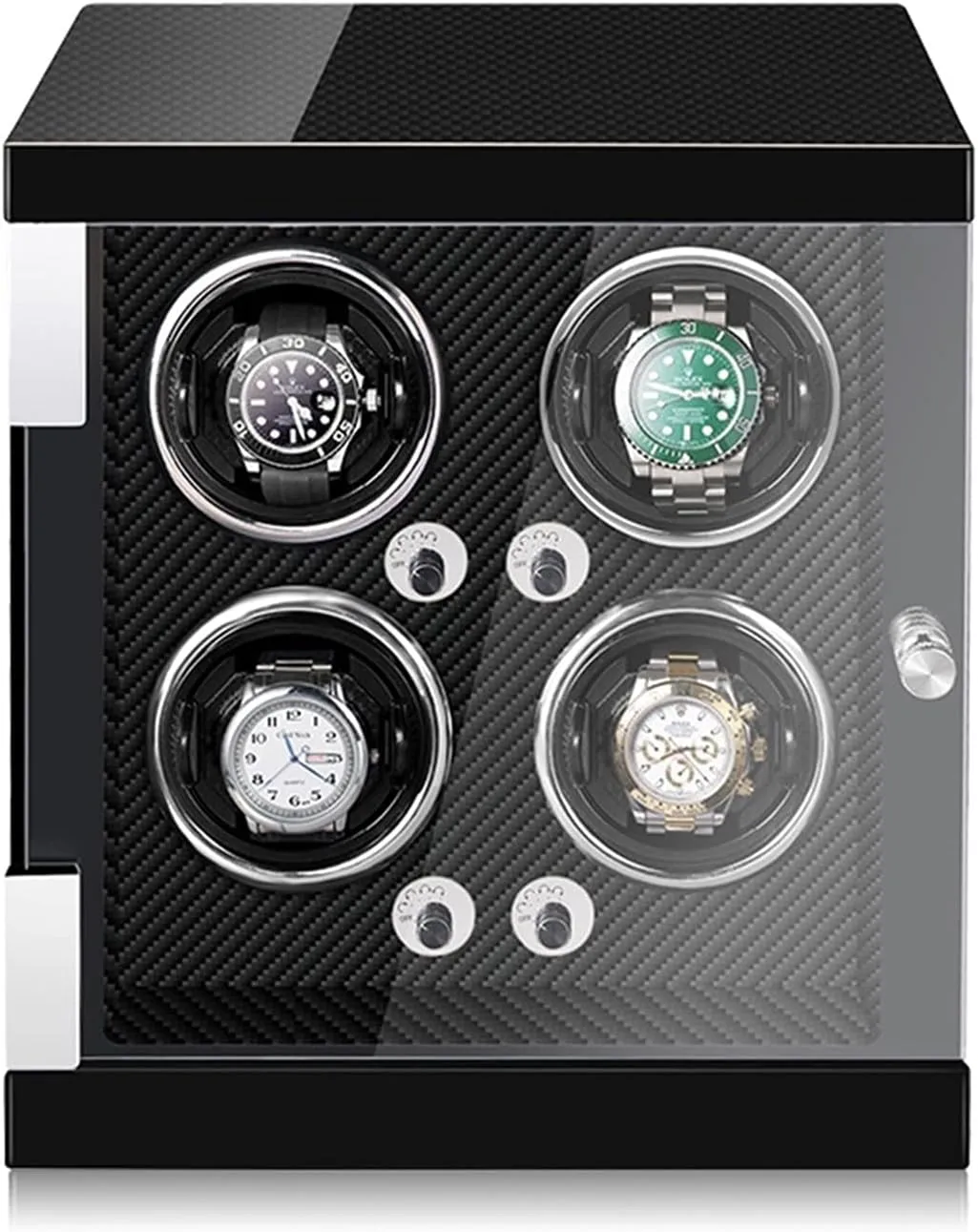 And Man WatchesCarbon Fiber-4 0 Watch Display Box Watch Winder For 4 Automatic Watches Watches Display Box With Led glassmaking outwash intrinsic omit Lights Quiet Motor Adjustable Watch Pillows Fit Lady 