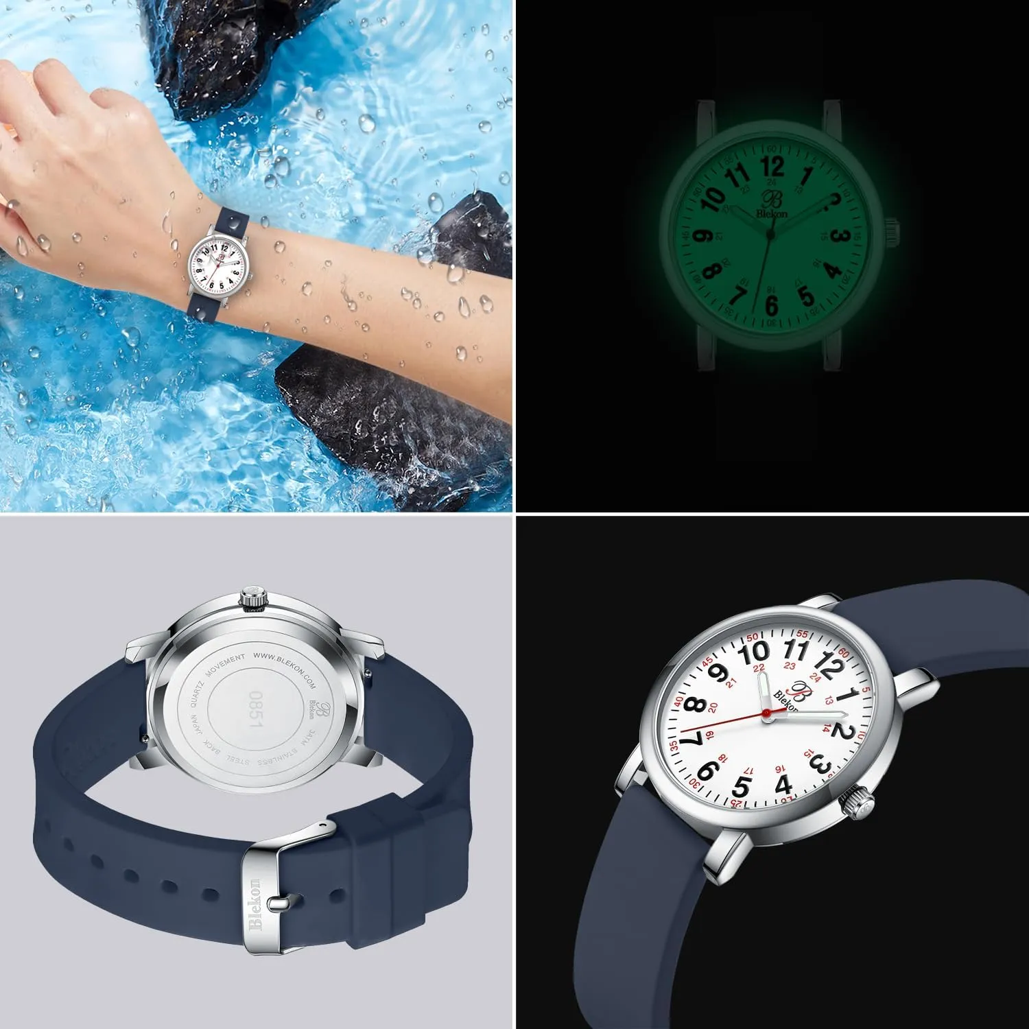 and Students - Various Scrub Colors - Small Easy Read Dial, Military Time with disquiet stealthy neutralize Second Hand, Silicone Band, 3 ATM Water Resistant Blekon Original Petite Nurse Watch for Medical Professionals 