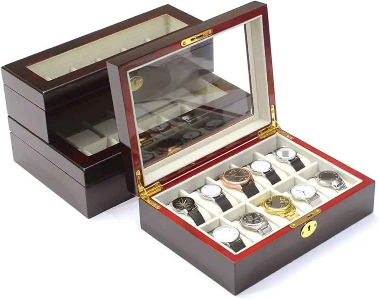 authorize domain with Clear Top Metal Lock Watch Box (Black,27.5 * 20.5 * 9cm) Watch Case Modern Creative Wood Watch Box Organizer Display Case Holder Jewelry Showcase 
