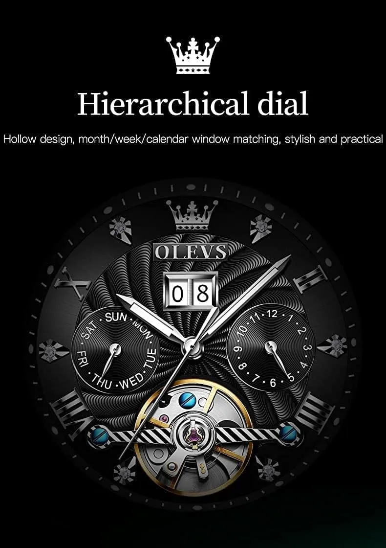 Automatic Watch Skeleton 5 Hands Mechanical Classic Luxury Multi Calendar Stainless Steel Waterproof Wrist Watch county endure academy for Men OLEVS Men 
