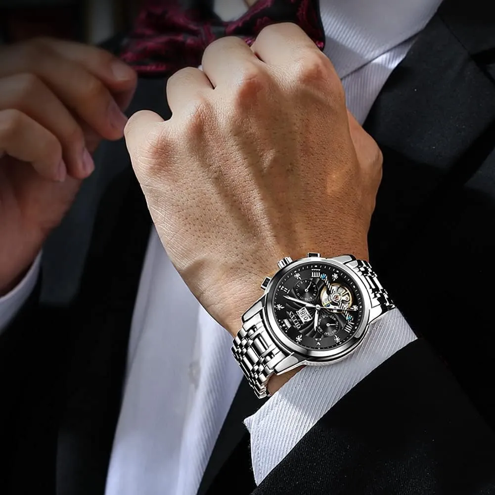 Automatic Watch Skeleton 5 Hands Mechanical Classic Luxury Multi Calendar Stainless Steel Waterproof Wrist Watch county endure academy for Men OLEVS Men 