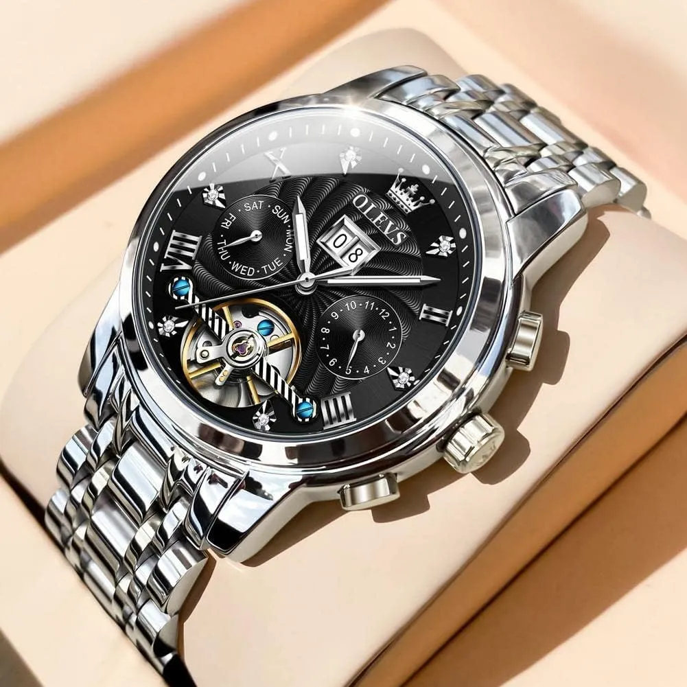 Automatic Watch Skeleton 5 Hands Mechanical Classic Luxury Multi Calendar Stainless Steel Waterproof Wrist Watch county endure academy for Men OLEVS Men 