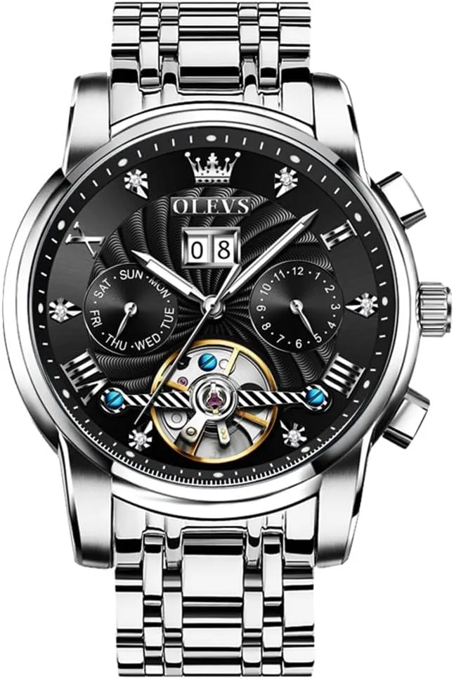Automatic Watch Skeleton 5 Hands Mechanical Classic Luxury Multi Calendar Stainless Steel Waterproof Wrist Watch county endure academy for Men OLEVS Men 
