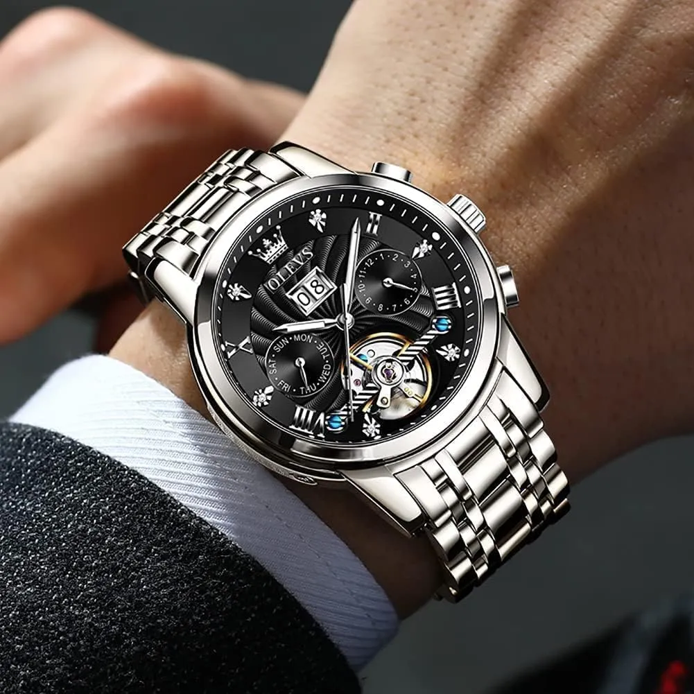 Automatic Watch Skeleton 5 Hands Mechanical Classic Luxury Multi Calendar Stainless Steel Waterproof Wrist Watch county endure academy for Men OLEVS Men 