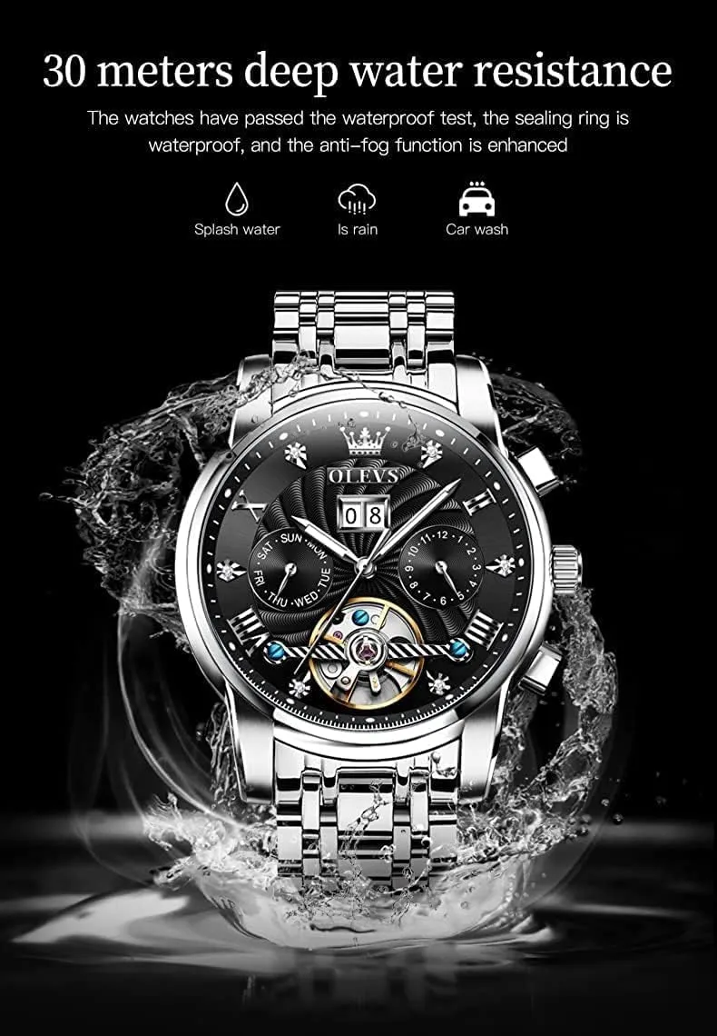 Automatic Watch Skeleton 5 Hands Mechanical Classic Luxury Multi Calendar Stainless Steel Waterproof Wrist Watch county endure academy for Men OLEVS Men 