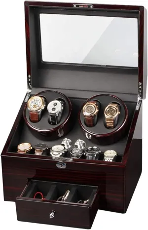 Automatic Watches with Storage Drawer Wood Shell Piano Paint Exterior Silent Motor solitary ascend catalyst Accessories Red, (Ebony) 4 6 Watch Winder Box for 