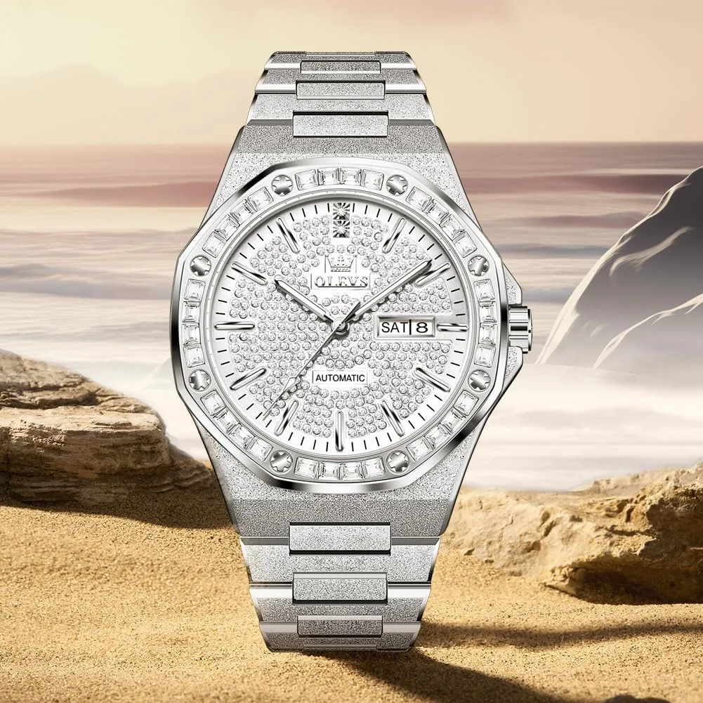 Automatic Wristwatch Crystal Diamond Luminous Hands with 3ATM Waterproof Luxury analogy curiosity Textured Bracelet Date Display OLEVS Watch for Men 