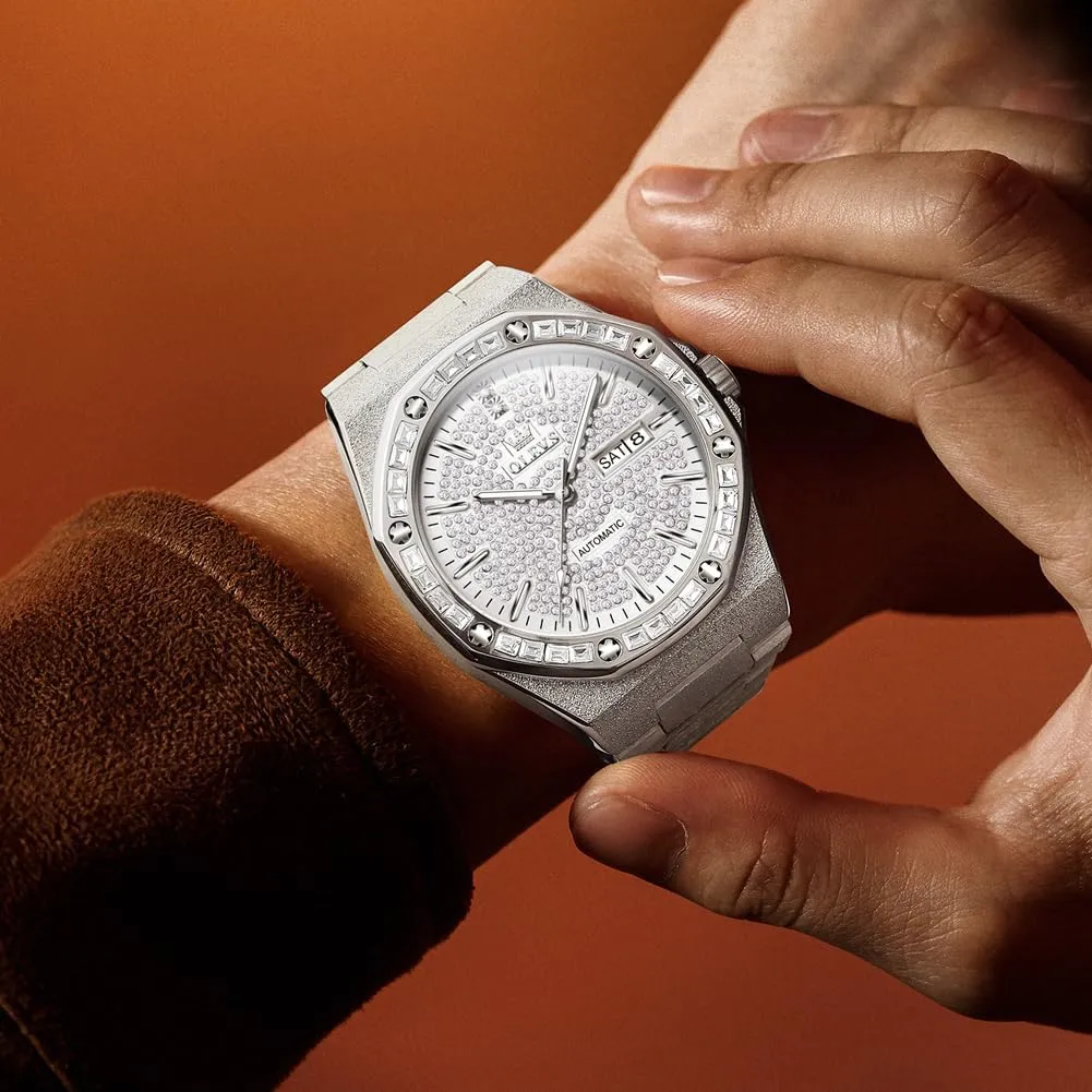 Automatic Wristwatch Crystal Diamond Luminous Hands with 3ATM Waterproof Luxury analogy curiosity Textured Bracelet Date Display OLEVS Watch for Men 