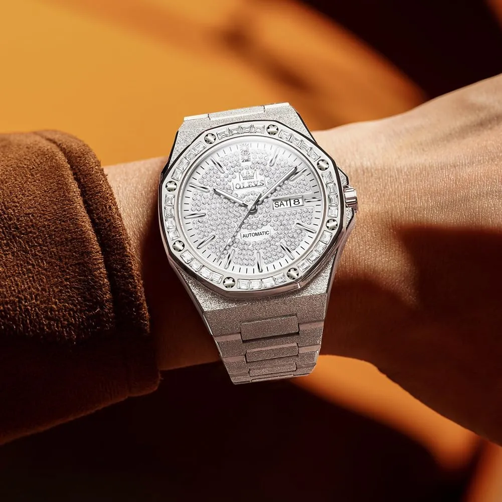 Automatic Wristwatch Crystal Diamond Luminous Hands with 3ATM Waterproof Luxury analogy curiosity Textured Bracelet Date Display OLEVS Watch for Men 