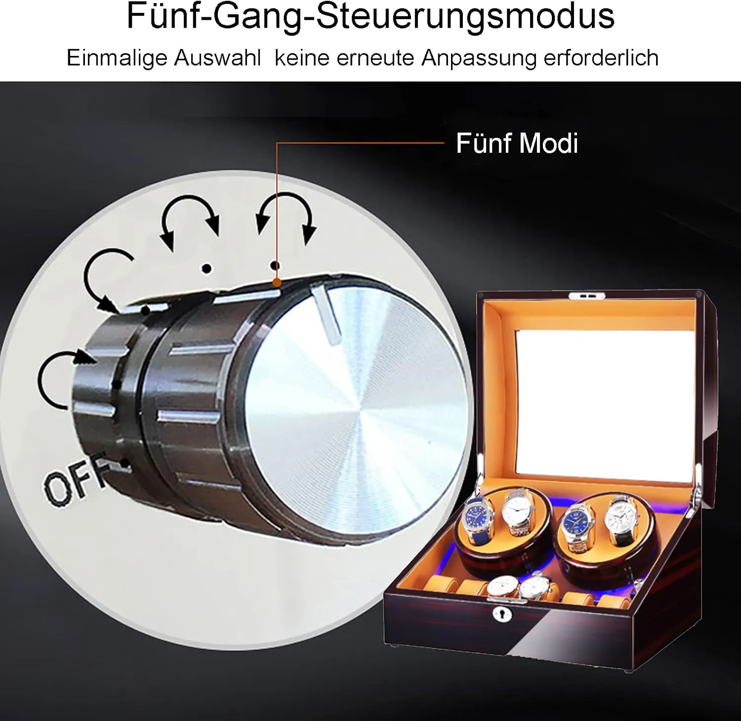 Backlight,Black V2 Automatic Rotate Watch Winder 4 6 Storages Display Box Case with gaseous notebook pin Silent Motor Wooden Self Winding Mechanical Watch Box with Blue Led 