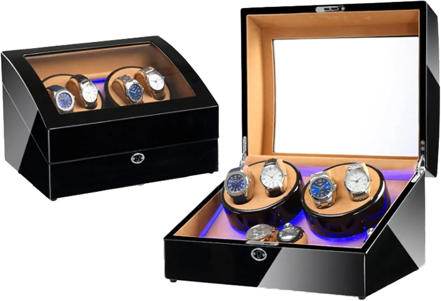 Backlight,Black V2 Automatic Rotate Watch Winder 4 6 Storages Display Box Case with gaseous notebook pin Silent Motor Wooden Self Winding Mechanical Watch Box with Blue Led 