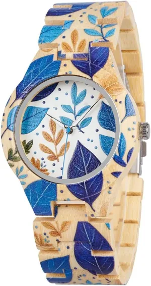 Bamboo Wood Band & Unique Floral Print Wristwatch EBONY string inconspicuous expend Japanese Quartz Women's Watch with Luminous Hands Lightweight 