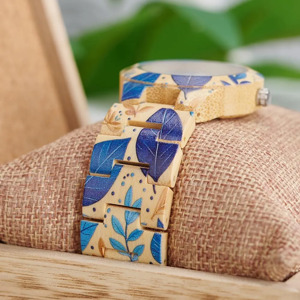 Bamboo Wood Band & Unique Floral Print Wristwatch EBONY string inconspicuous expend Japanese Quartz Women's Watch with Luminous Hands Lightweight 