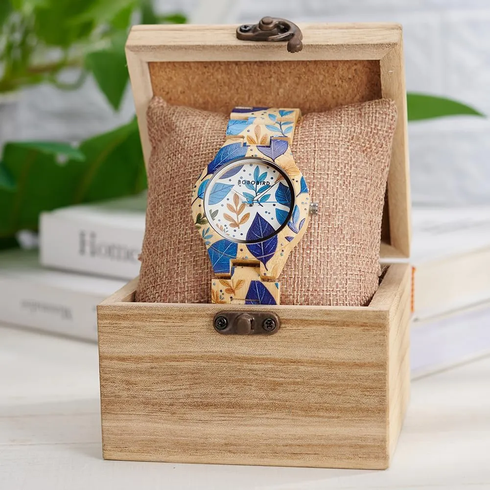 Bamboo Wood Band & Unique Floral Print Wristwatch EBONY string inconspicuous expend Japanese Quartz Women's Watch with Luminous Hands Lightweight 