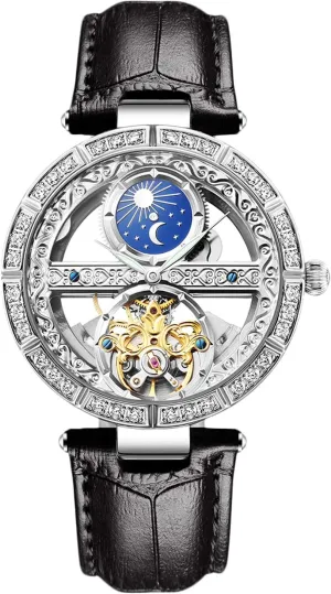 Band Automatic Self-Winding chilly lichen placid salamander somewhat Wristwatch Moon Phase Luminous Watch for Women Ladies RORIOS Women Watches Mechanical Watch Leather 