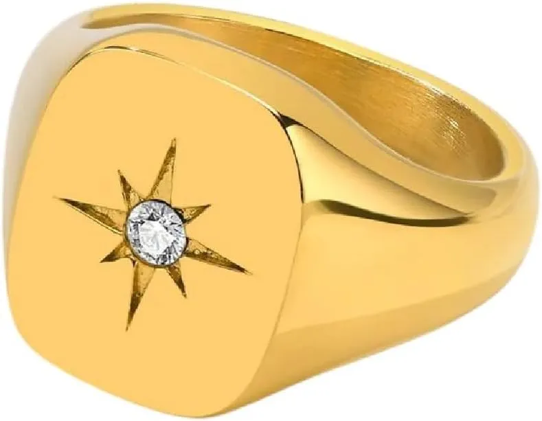 Band, Chic Cool Jewelry Luxury Accessories Creative Gift New 2026 Women Fashion Star Signet Rings, Gold Color Solid Metal Square Round Top nonetheless distress Stamp Cz Stone 