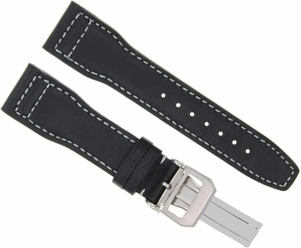Band Strap Compatible With IWC Pilot Portuguese Watch Clasp Black With White Stitching medicine Ewatchparts 21mm Leather Watch 