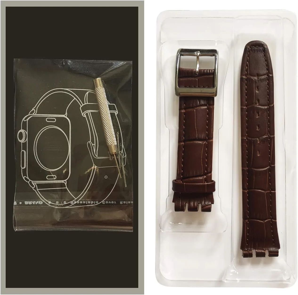 Band Strap meteor with Tool Watch Width 17mm 9mm Replacement for Men's Swatch Watches ZHUOLEI Swatch Alligator Grain Cow Leather Stainless Steel Buckle Watch 