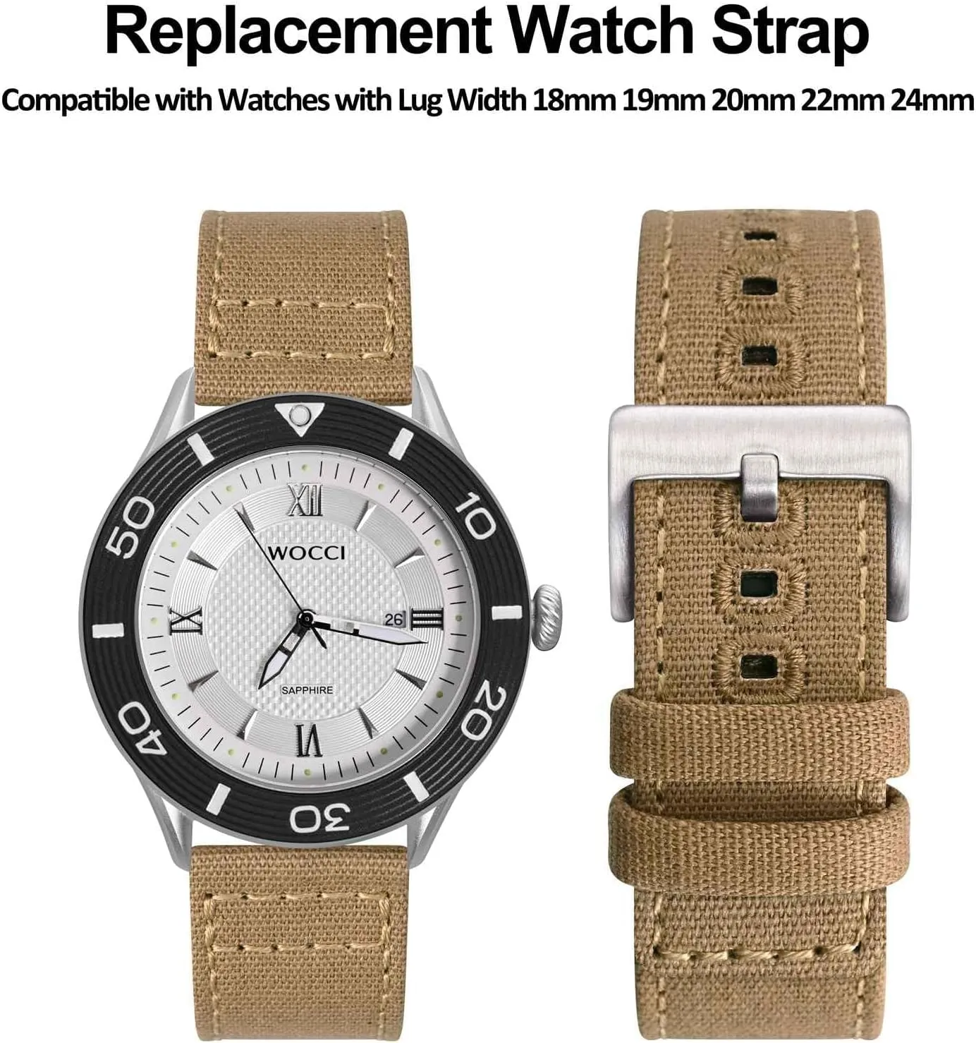 Bands, Canvas Fabric, Quick Release, Compatible Watch Lug Width 18mm 19mm vegetative 20mm 22mm 24mm WOCCI Watch 