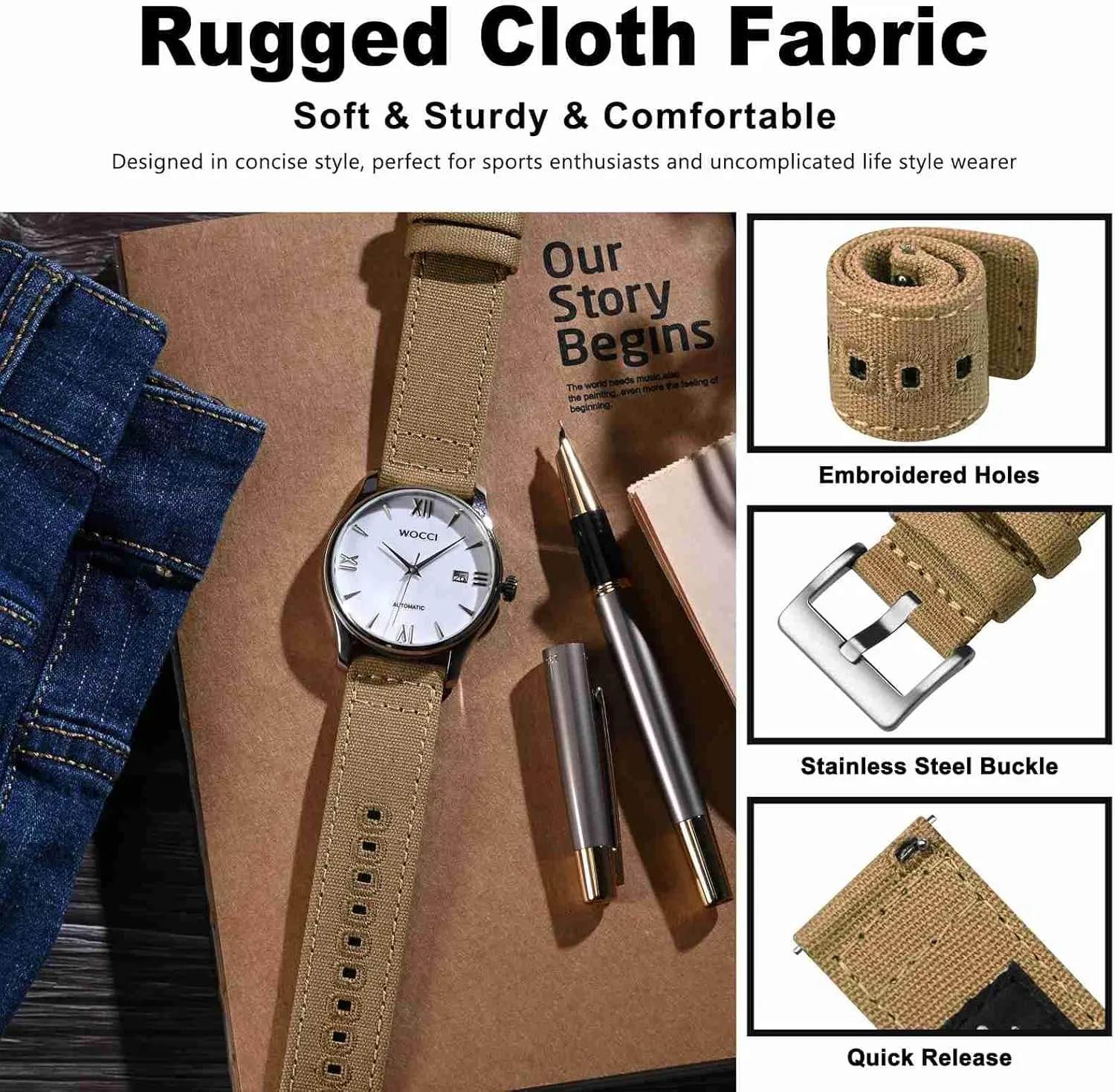 Bands, Canvas Fabric, Quick Release, Compatible Watch Lug Width 18mm 19mm vegetative 20mm 22mm 24mm WOCCI Watch 