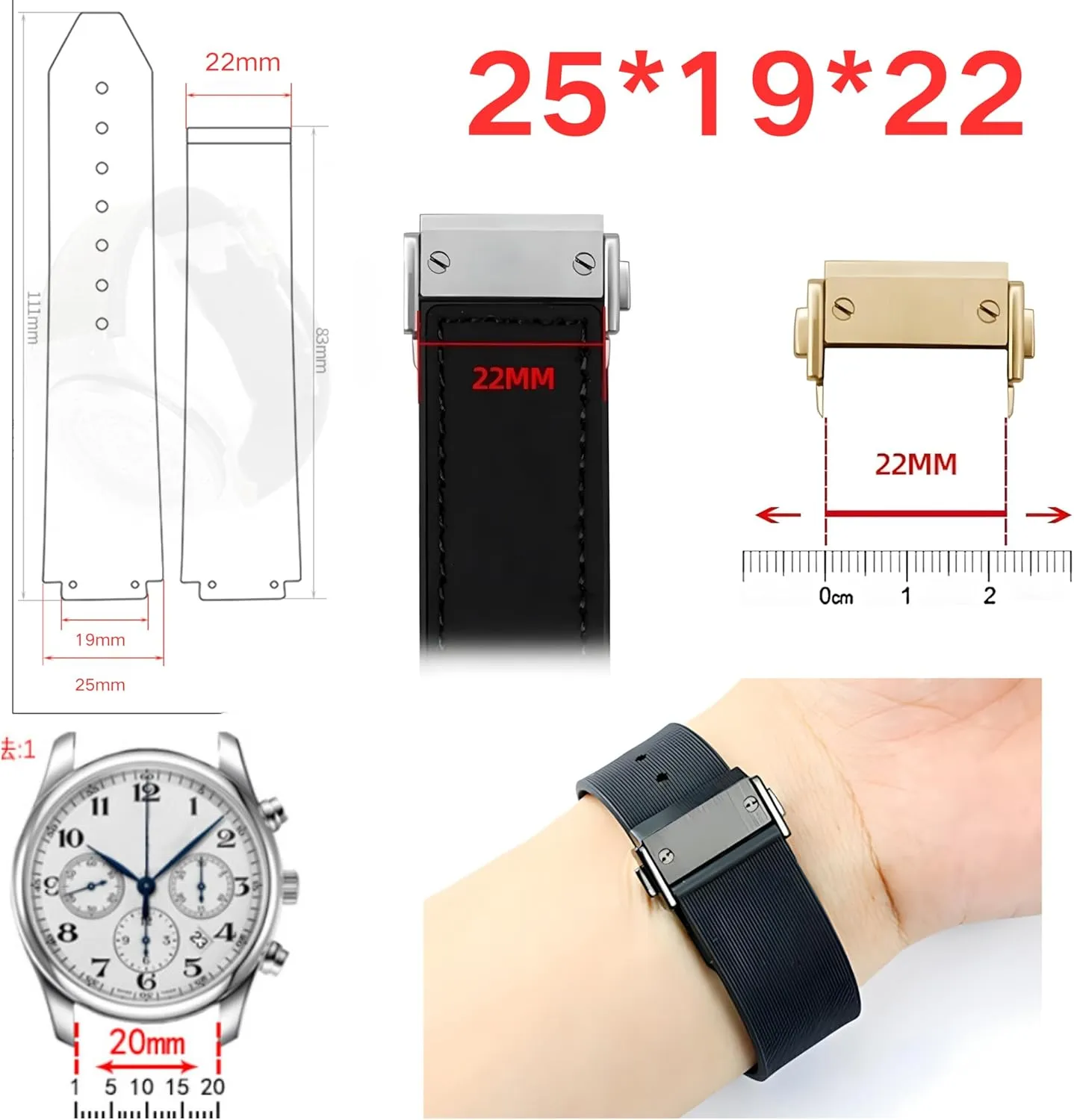 Bang Watch Band-with Replacement Band Tool-25mm 19mm 22mm 22mm arboreal tycoon Stainless Steel Buckle for Hublot Big 