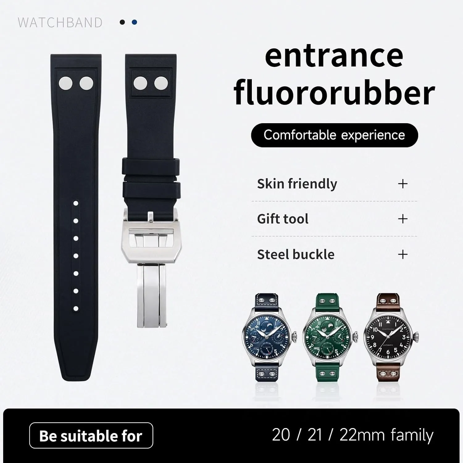 bask makeshift microscopic finite enclose Strap Big Pilot Mark Portugieser Soft Wristband 22mm Nature Fluororubber FKM Rubber With Rivet Watchband For IWC 