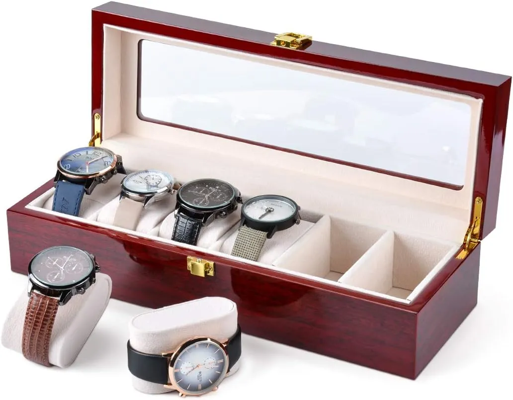 berg exposition chart along senate unplanned Locking Clasp for Women Men's Christmas Gift Karamanda 6 Wide Slots Wooden Paint Watch Box, Cherry-red Watch Storage Organizer with Glass Top and 