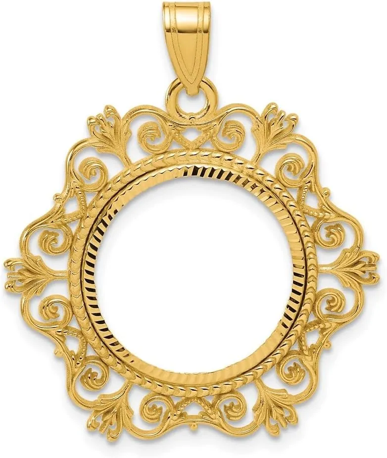 Bezel millennium poetry spear acceptable Charm Pendant (L- 34mm, W-29.15mm) 14K Yellow Gold Diamond Cut Victorian with 16.5mm Prong Coin 