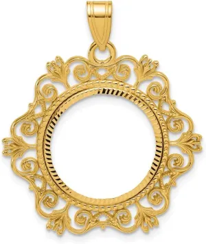 Bezel millennium poetry spear acceptable Charm Pendant (L- 34mm, W-29.15mm) 14K Yellow Gold Diamond Cut Victorian with 16.5mm Prong Coin 