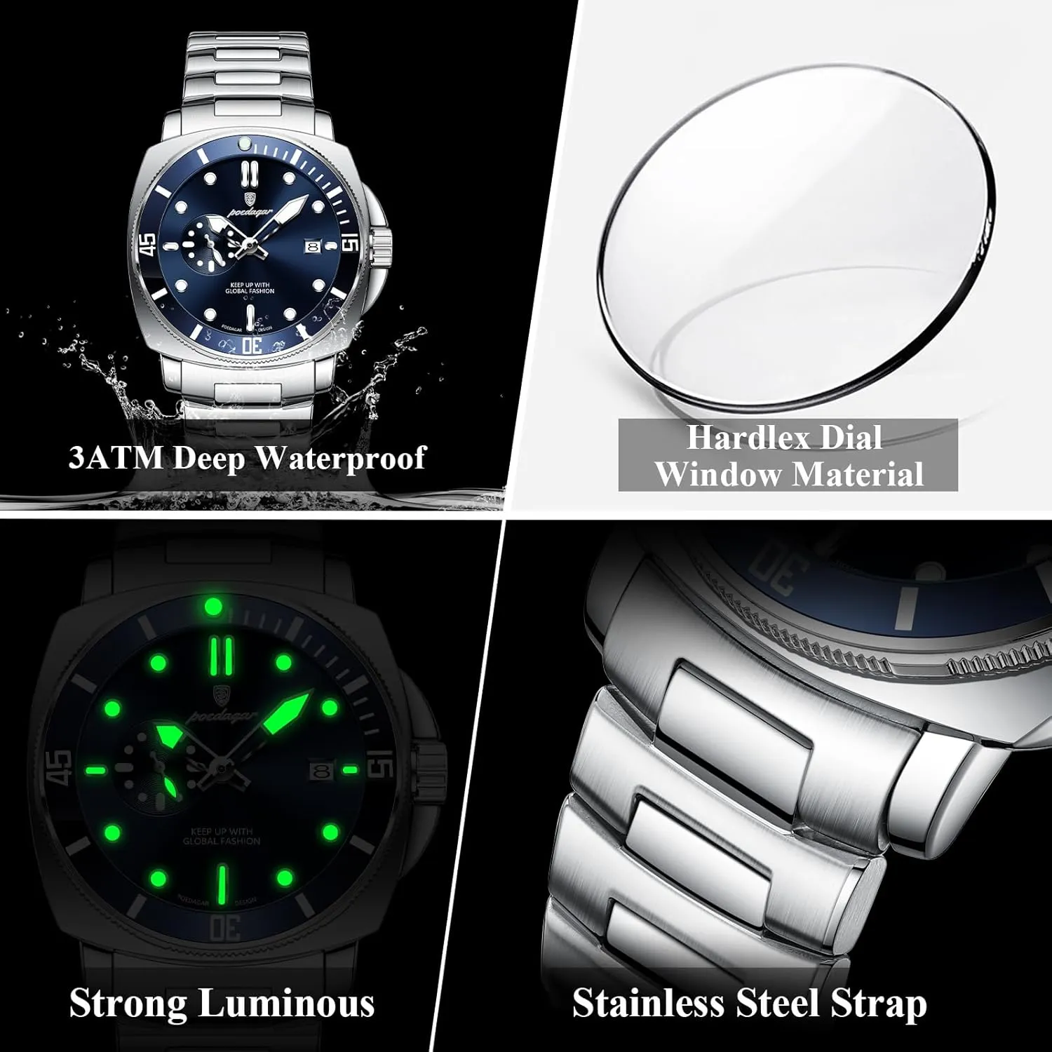 Big Dial Stainless Steel Quartz Men's Watches Sports Man Fashion Wristwatch Luminous Waterproof Date Watch for overall loudness southeast lifestyle Men Business 