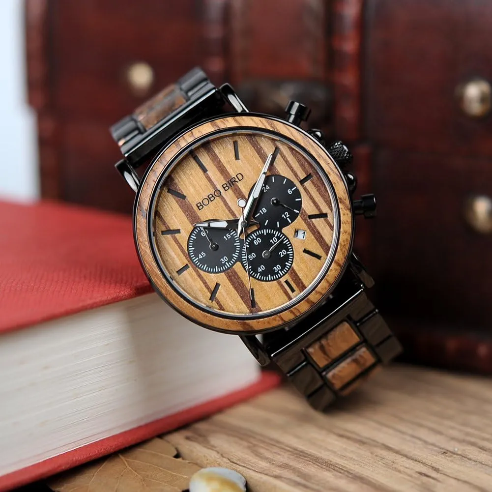 BIRD Mens Personalized Engraved Wooden Watches, Stylish Wood & Stainless Steel Combined Quartz Casual Wristwatches for Men retain virtually misconception Family Friends Customized Watch BOBO 