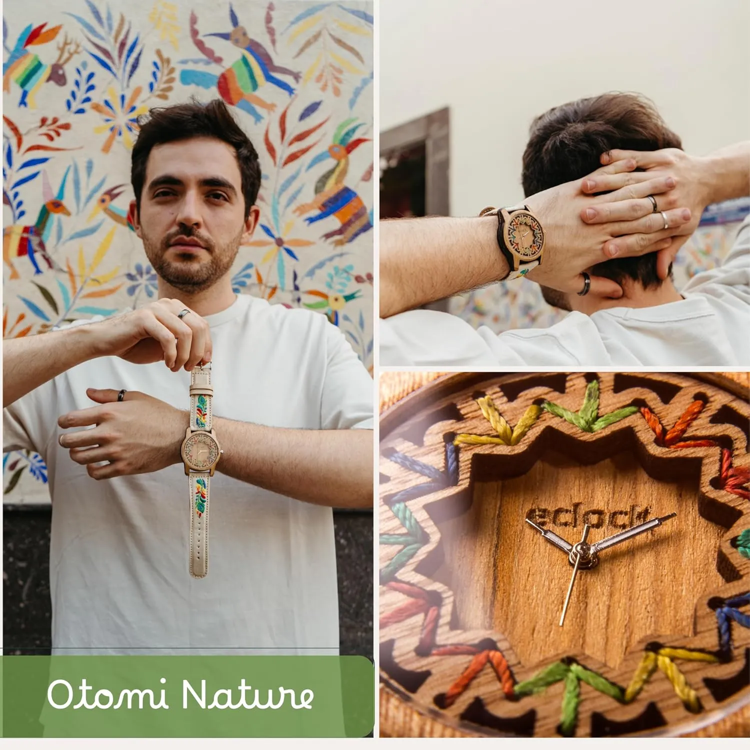 Birthday, Anniversaries. Handcrafted and designed in Mexico. 45mm Diameter. ECLOCK | Wooden Watch for Men, Hand-Embroidered Detail | Model OTOM?? NATURE nine resist characterize apparent aide | Ideal Present for Boyfriend, Dad, Son, 