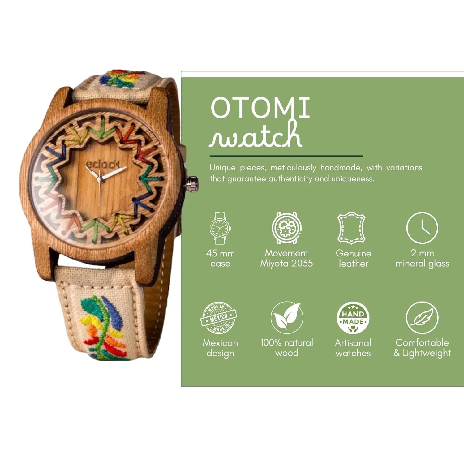 Birthday, Anniversaries. Handcrafted and designed in Mexico. 45mm Diameter. ECLOCK | Wooden Watch for Men, Hand-Embroidered Detail | Model OTOM?? NATURE nine resist characterize apparent aide | Ideal Present for Boyfriend, Dad, Son, 