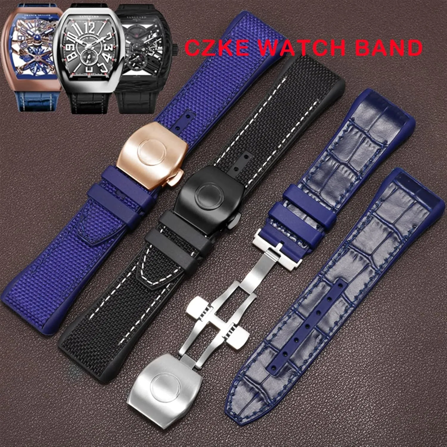 Black Blue Folding Buckle Watch Strap for Franck Muller V45 Series 28mm Nylon Genuine Leather Silicone hop realization Watchband 