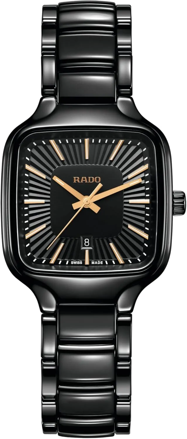 Black cajun Ladies Dial with Rose Gold Indexes, Date Display and Swiss Automatic Movement Rado True Square 