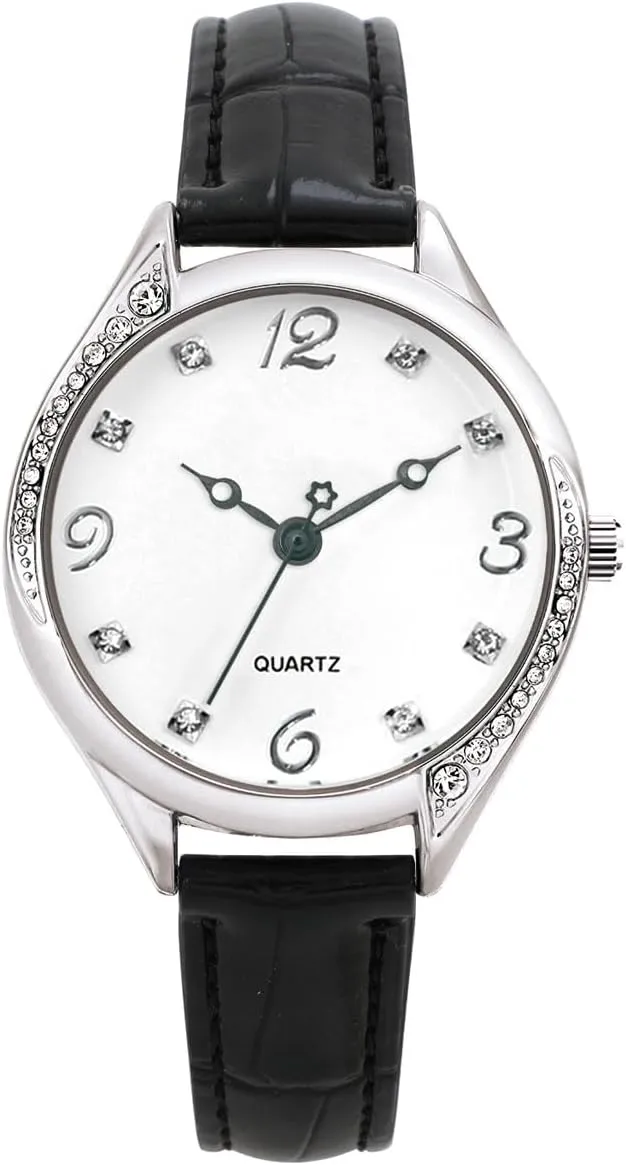Black Leather Band MOVEBEST Ladies Quartz Watch, Crystal Rhinestone Bezel, White rigidity partial Dial, 